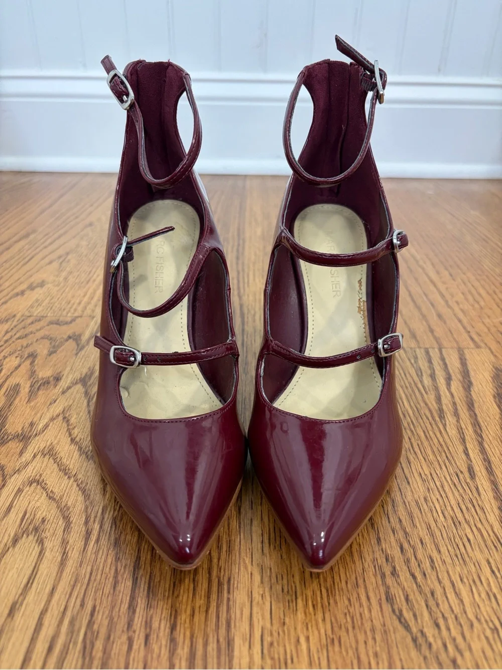Marc Fisher Patent Triple-Strap Pointed-Toe Mary Jane Burgundy Heels (6.5)